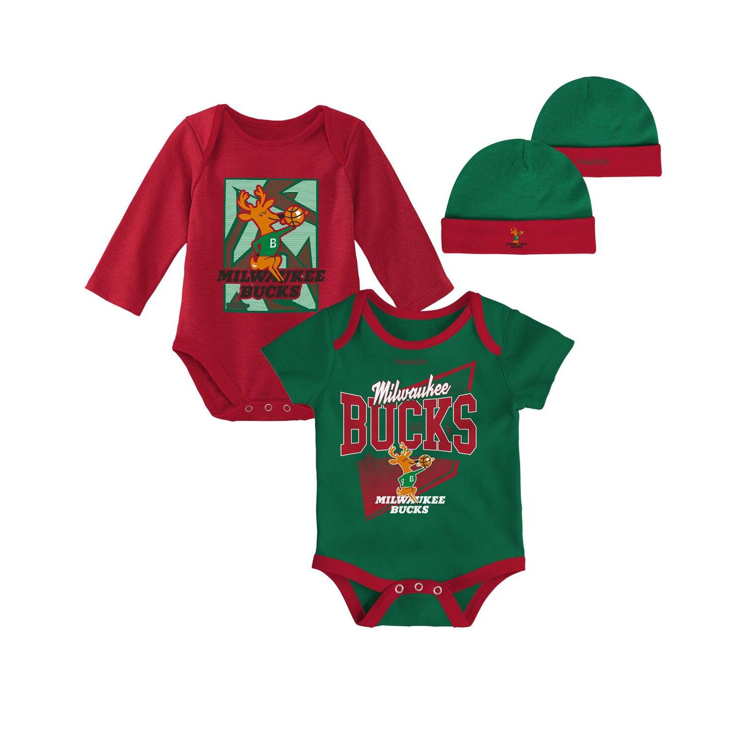Infant Boys and Girls Hunter Green, Red Milwaukee Bucks Hardwood Classics Bodysuits and Cuffed Knit Hat Set