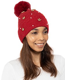 Bead-Embellished Beanie with Faux Fur Pom, Created for Macy's