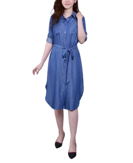 Petite 3/4 Roll Tab Sleeve Denim Dress - Medium Dot