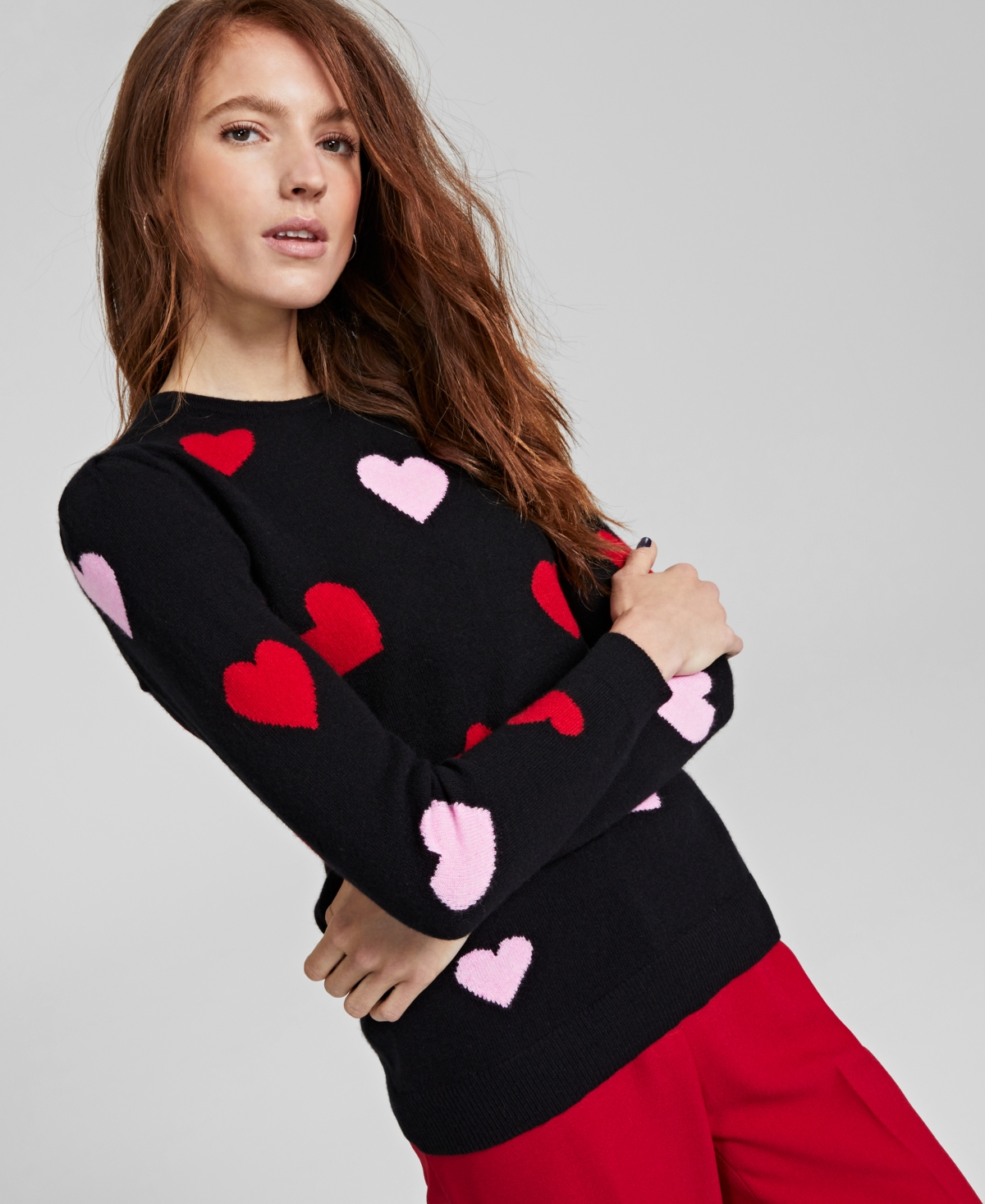 Charter Club Women's 100% Cashmere Heart-Print Sweater, Created for Macy's