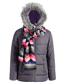 Big Girls Solid Quilted Puffer Jacket and Scarf Set 