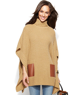 MICHAEL Michael Kors Faux-Leather-Pocket Turtleneck Poncho - Sweaters ...
