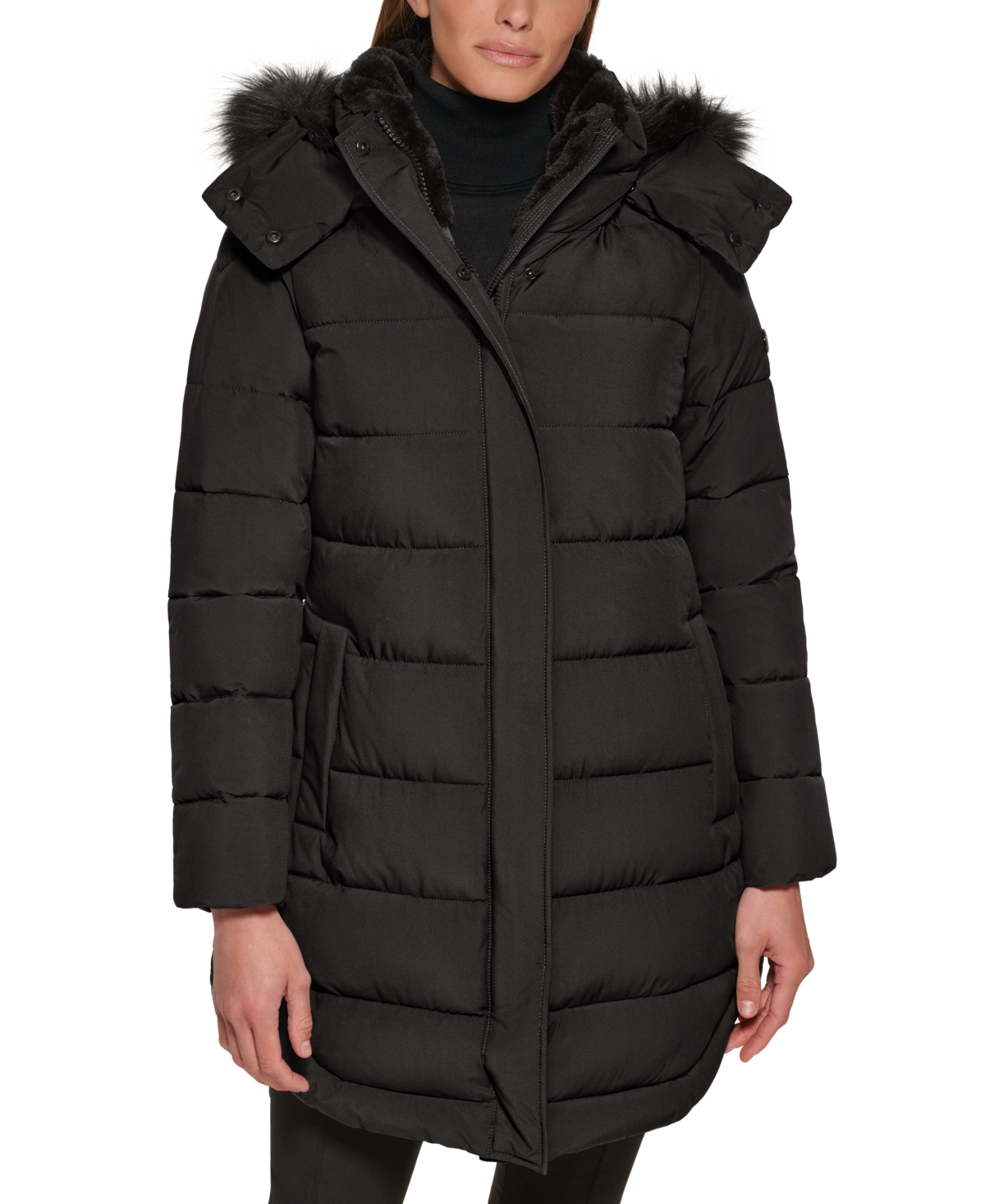 Calvin klein women's puffer long store coat with faux fur trimmed hood