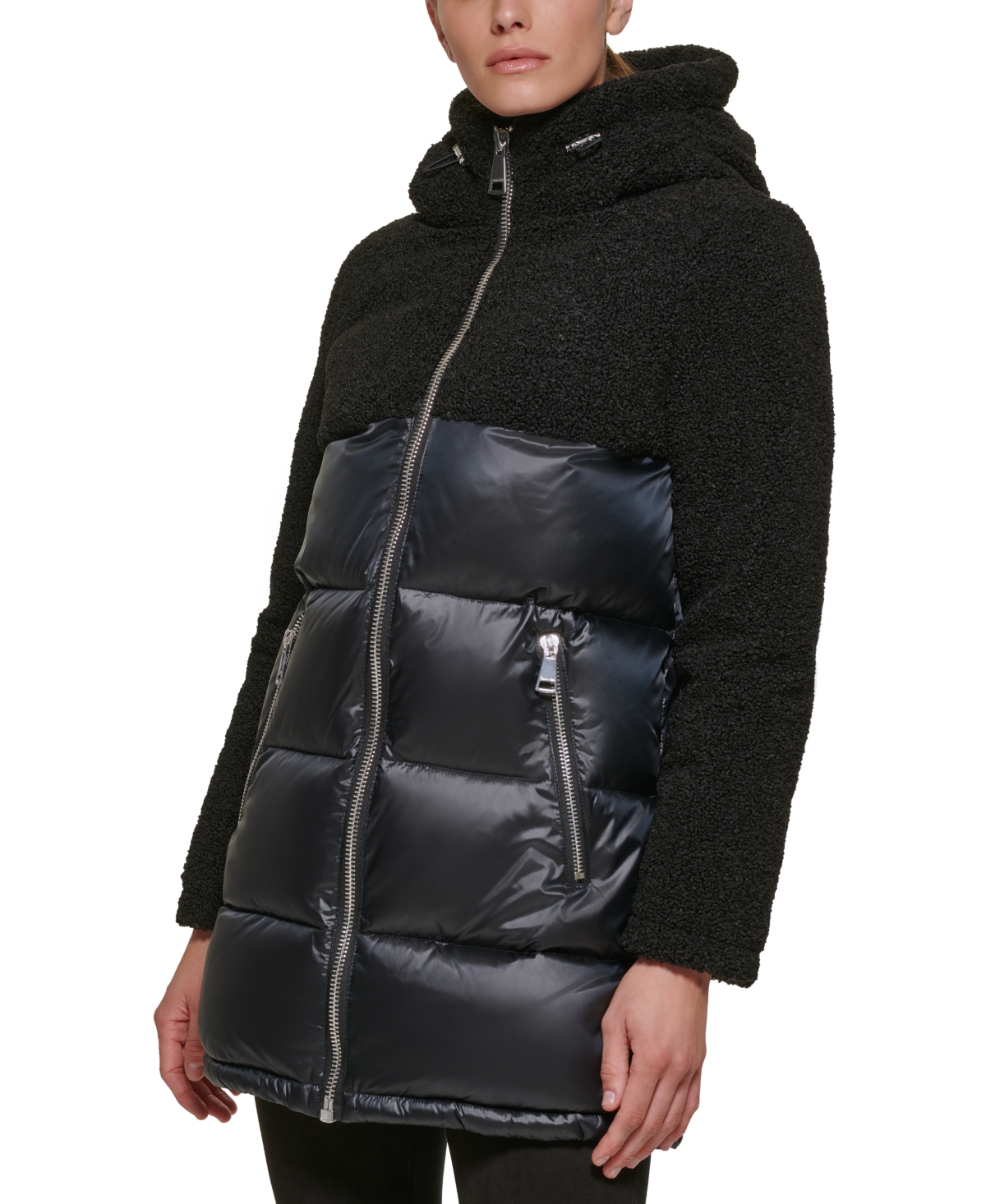 Calvin Klein Women's Mixed-media Hooded Puffer Coat In Black | ModeSens