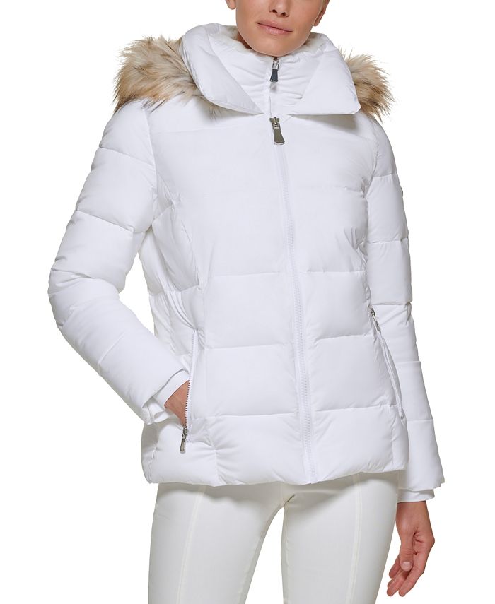 Calvin Klein Plus Size Hooded Faux-Fur-Trim Quilted Coat - Macy's