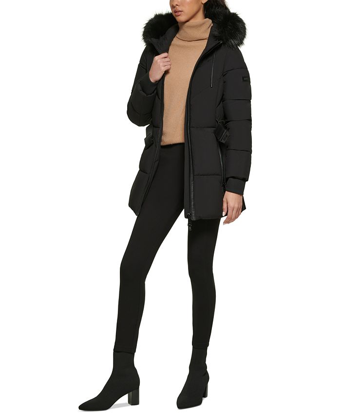 DKNY Women's FauxFurTrim Belted Hooded Puffer Coat & Reviews Coats