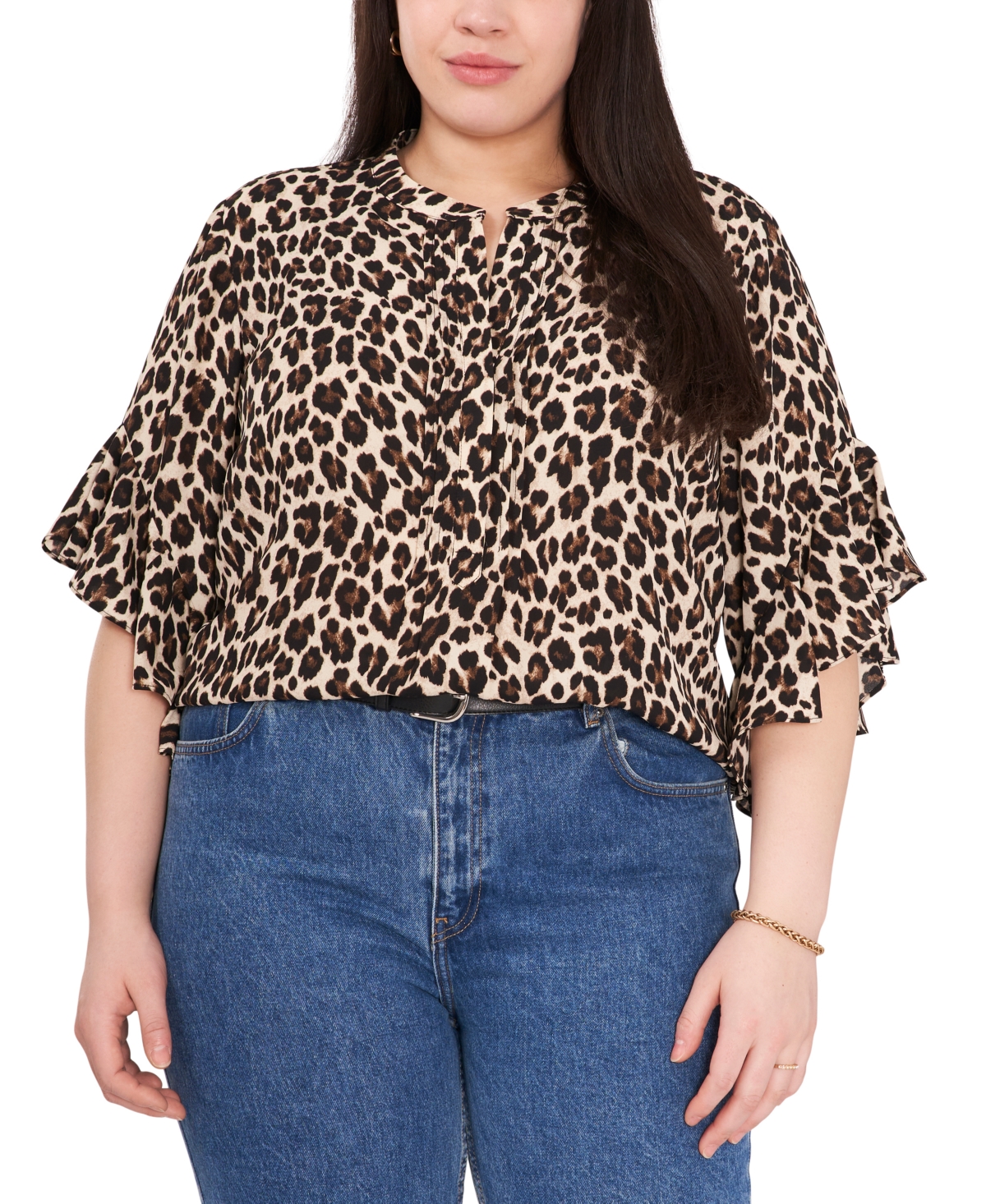 Vince Camuto Plus Size Printed Ruffle-Sleeve Henley Top