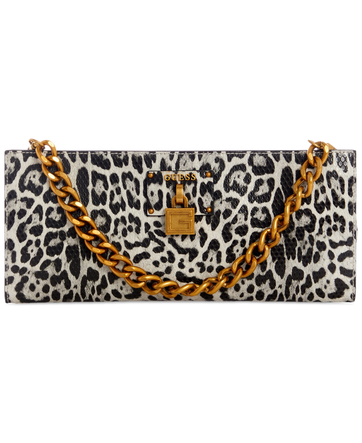 Guess Centre Stage Top Zip Clutch In Black/white Leopard