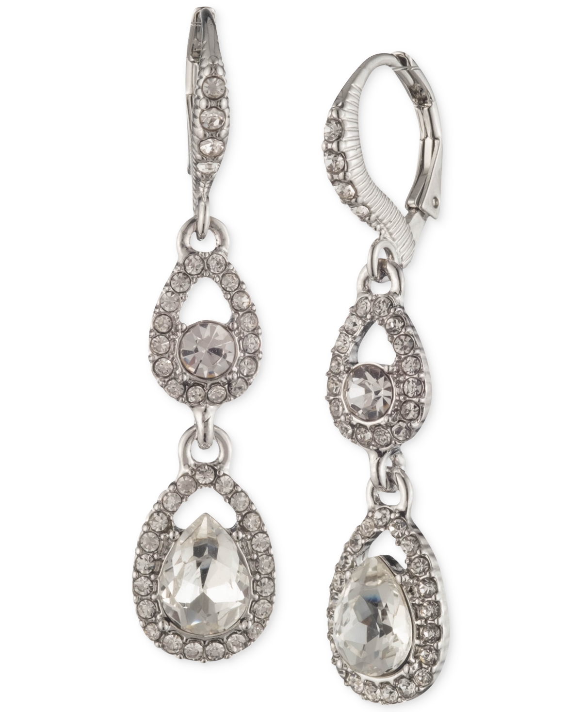 Givenchy Silver-Tone Pave Crystal Open Pear Double Drop Earrings