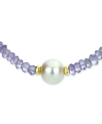 Gemstone and Cultured Pearl (9-10 mm) Strand Necklace in 14k Yellow Gold (Available in Ruby, Sapphire, Emerald and Black Spinel)