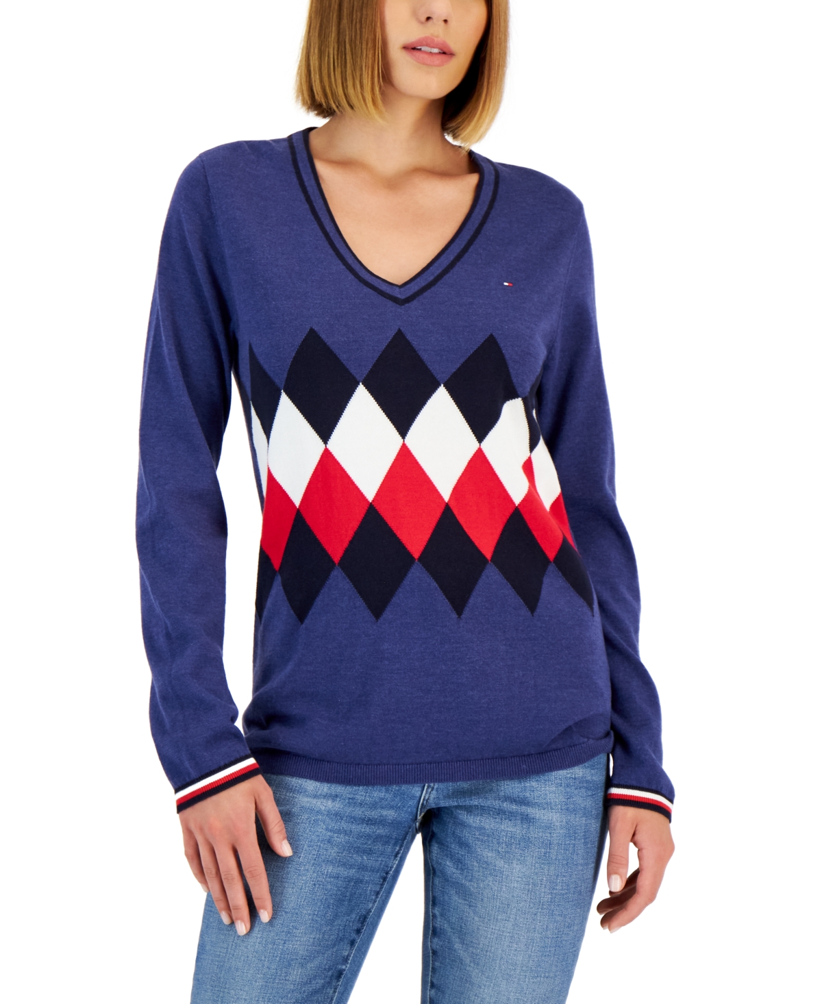 Tommy Hilfiger Women's Cotton Argyle V-Neck Sweater