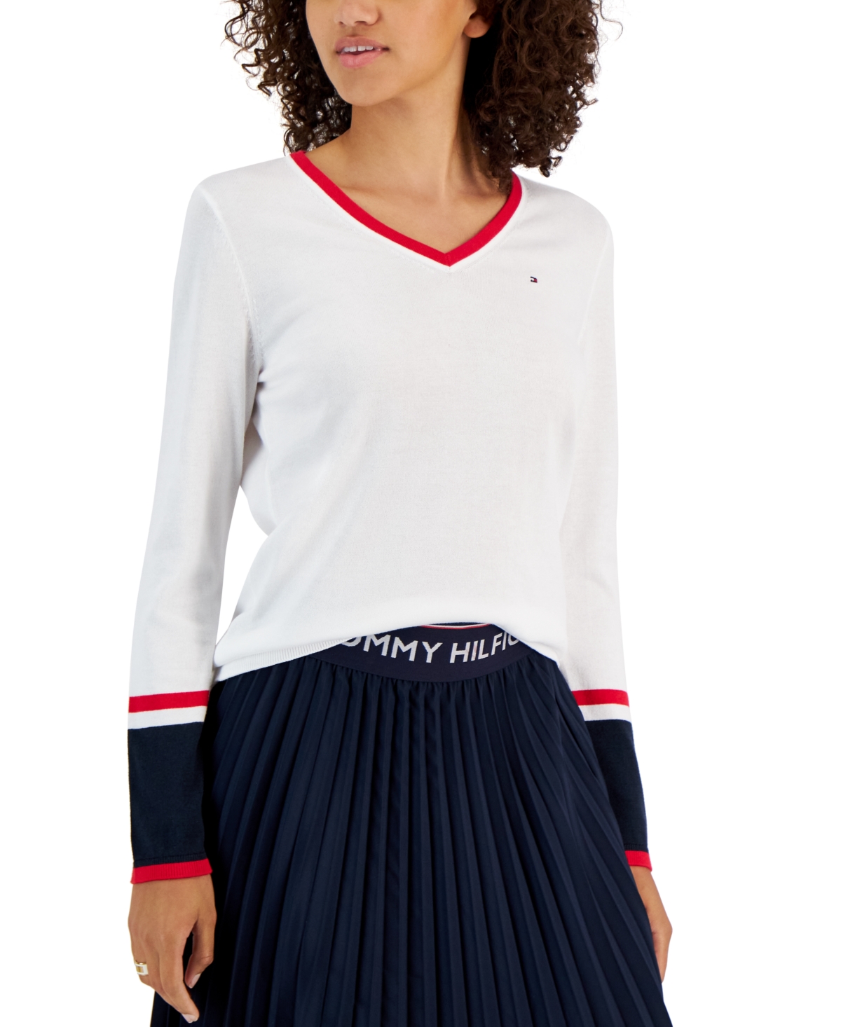 Tommy Hilfiger Women's Ivy Cotton V-Neck Tipped Sleeve Sweater