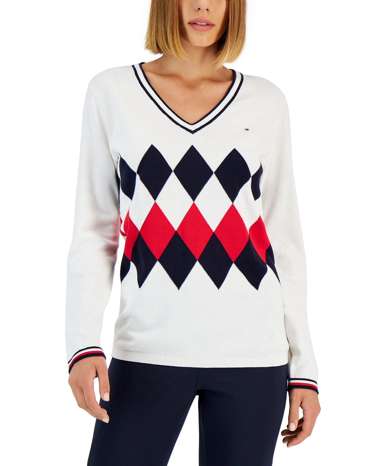 Womens Cotton Argyle V-Neck Sweater