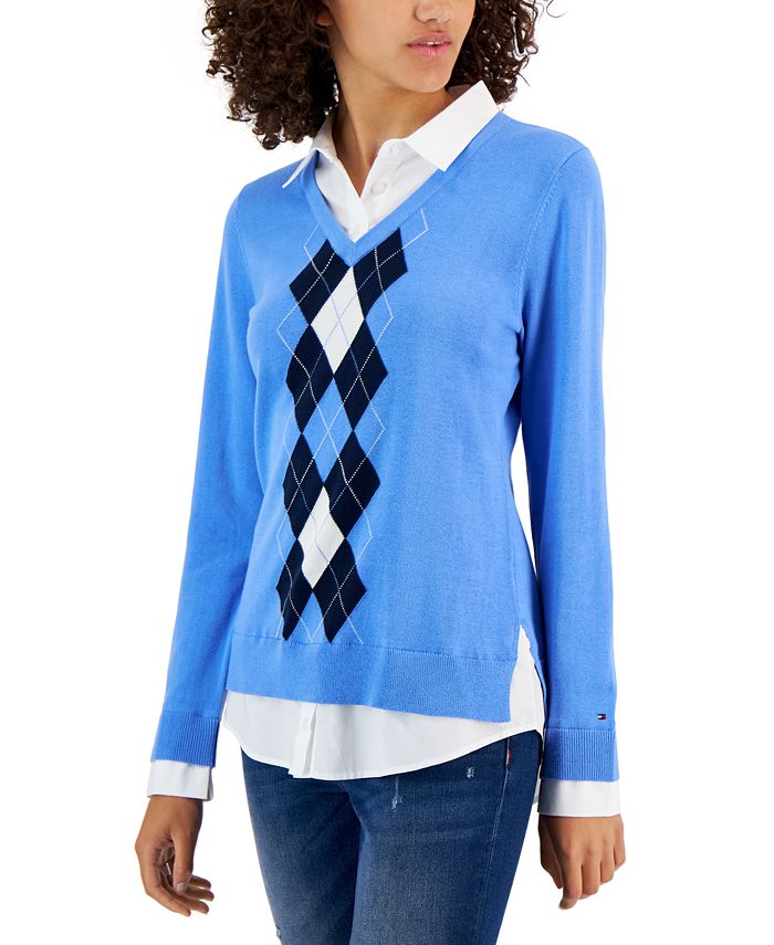 Tommy Hilfiger Women's Argyle-Print Layered-Look Sweater - Macy's