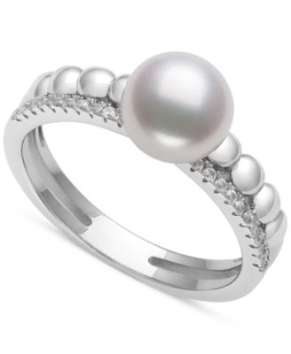 Belle de Mer - Cultured Freshwater Button Pearl (7mm) & Lab-Created White Sapphire (1/5 ct. t.w.) Ring