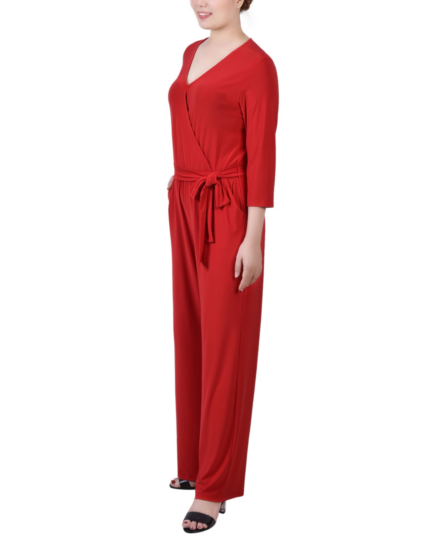 Petite 3/4 Sleeve Belted Wide Leg Jumpsuit