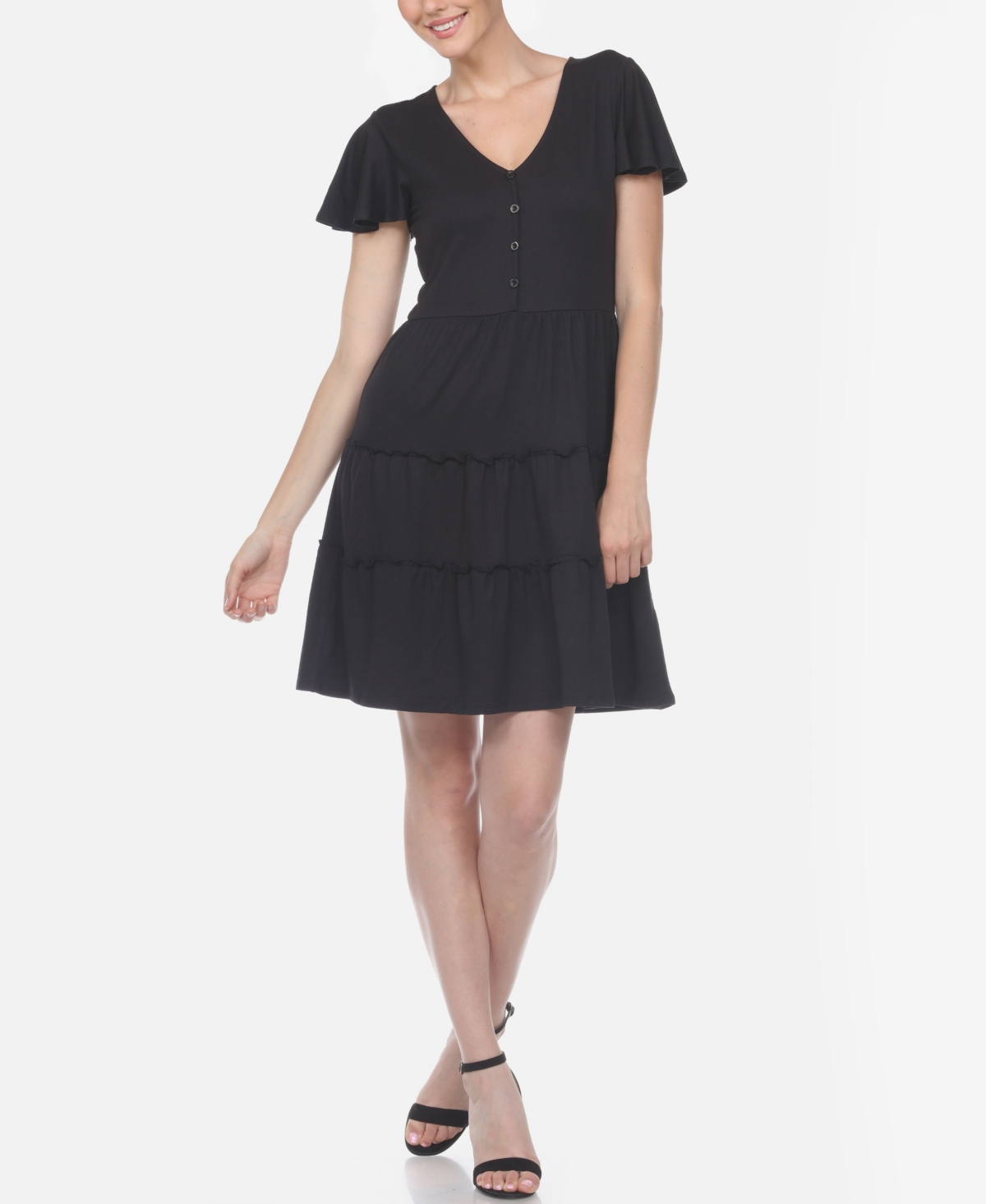 Women's Short Sleeve V-Neck Tiered Dress - Olive