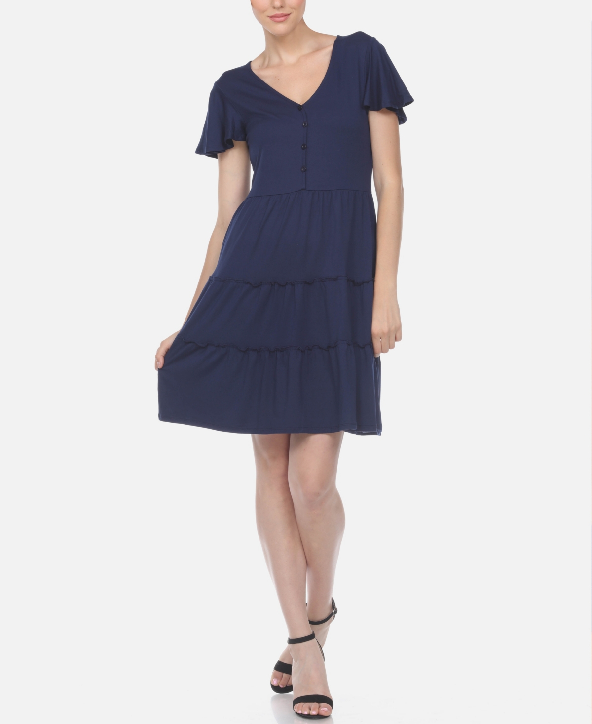Women's Short Sleeve V-Neck Tiered Dress - Olive