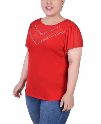 Plus Size Studded Short Flutter Sleeve Top with Mesh Details