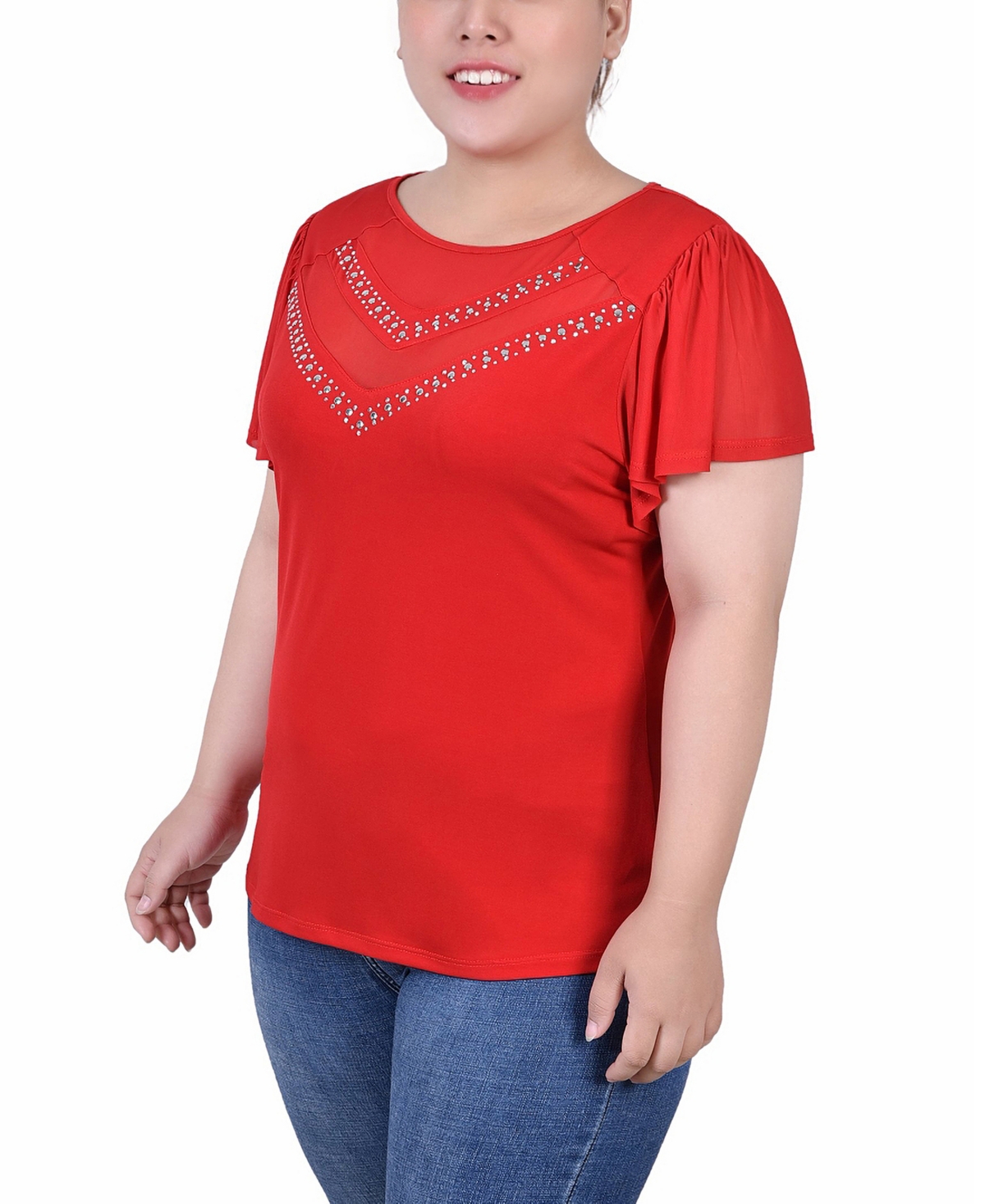 Ny Collection Plus Size Studded Short Flutter Sleeve Top with Mesh Details