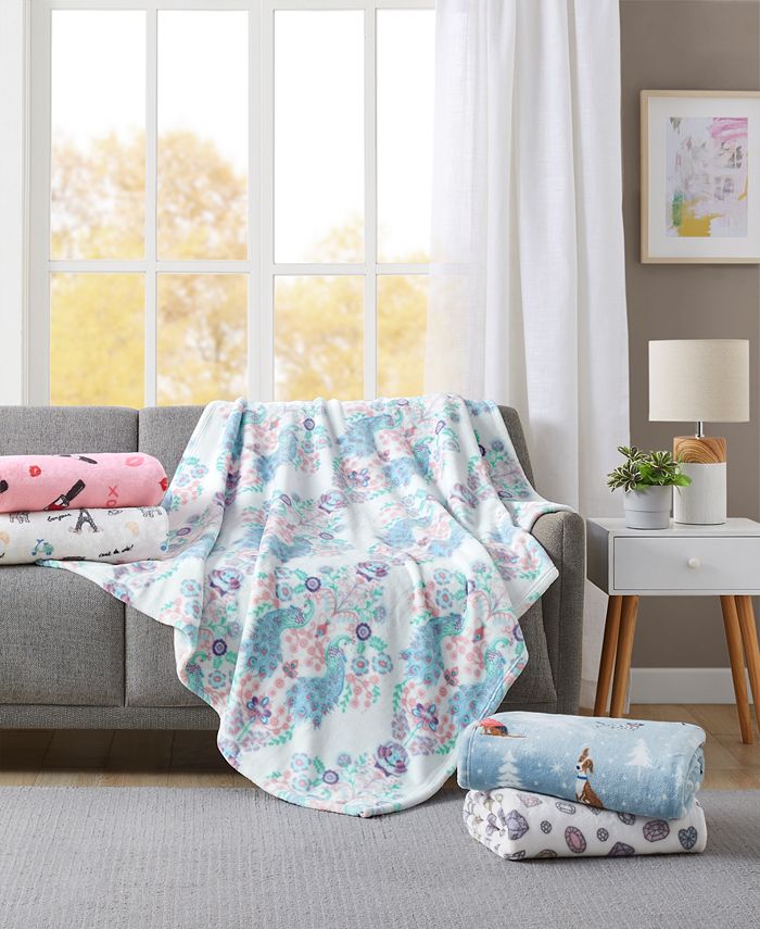 Whim by Martha Stewart Peacock Printed Plush Throw, Created for Macy's