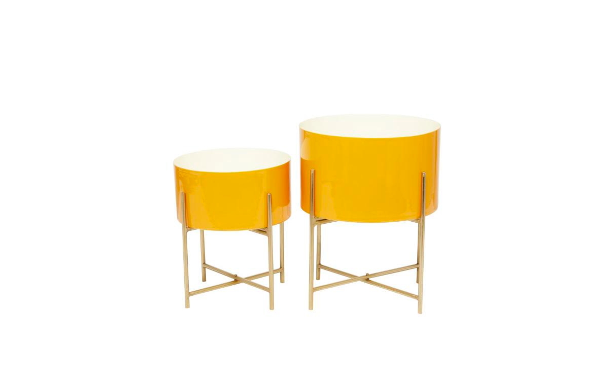 Cosmoliving Metal Modern Planters With Stand, Set Of 2 In Yellow