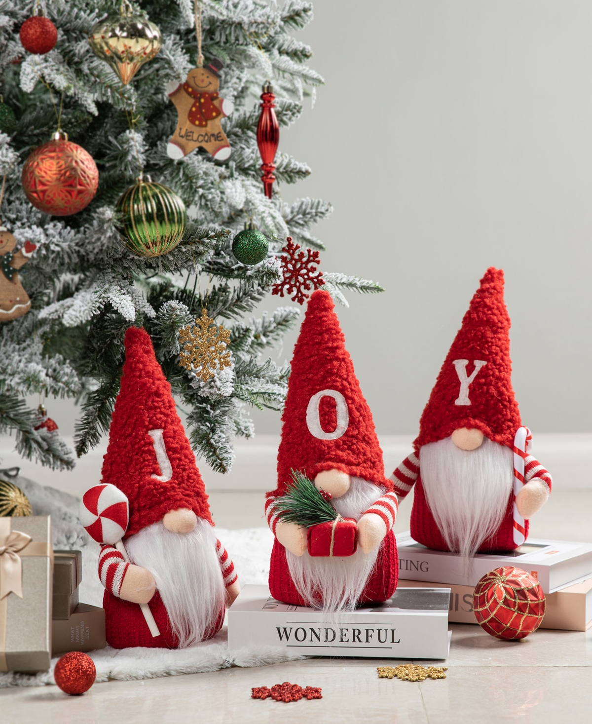 Glitzhome Fabric Joy Christmas Gnome Decor Set, 3 Piece