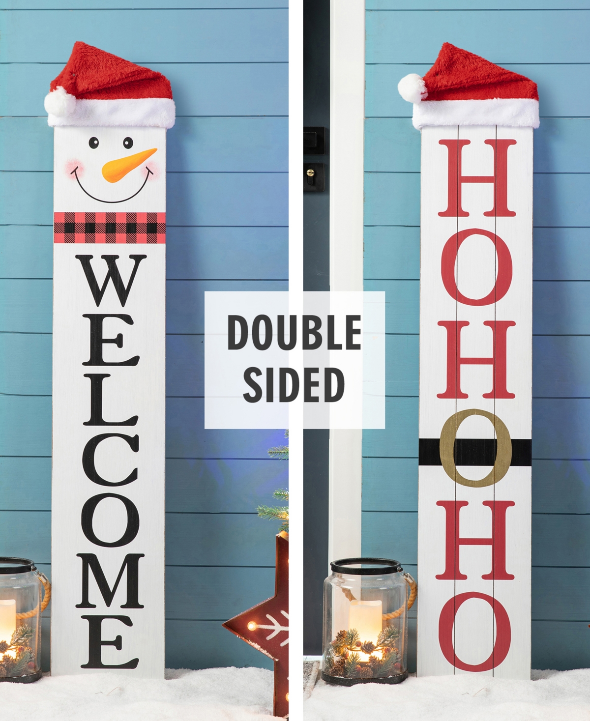 Glitzhome Reversible Wooden Hohoho and Snowman Porch Sign
