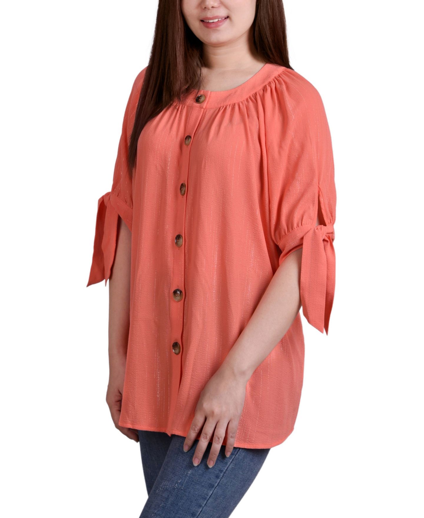 Женская блузка NY Collection Petite Size Elbow Sleeve Tie-Sleeve, цвет: Коралловый — фото 3