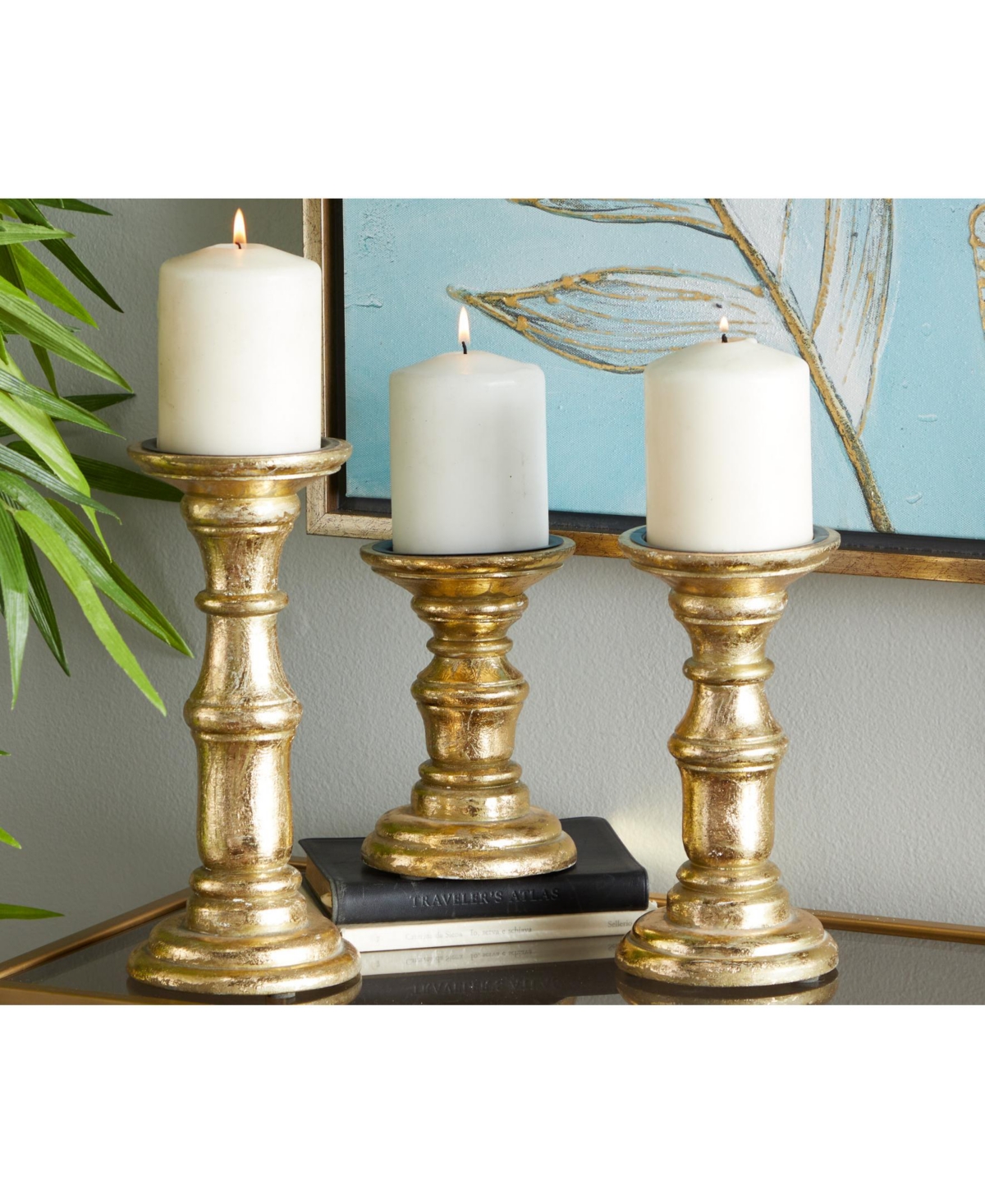 Wood Traditional Candle Holder, Set of 3 - Gold-Tone