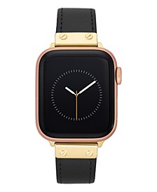 Women's Black Genuine Leather Strap with Gold-Tone Stainless Steel Accents for Apple Watch, Compatible with 42mm, 44mm, 45mm
