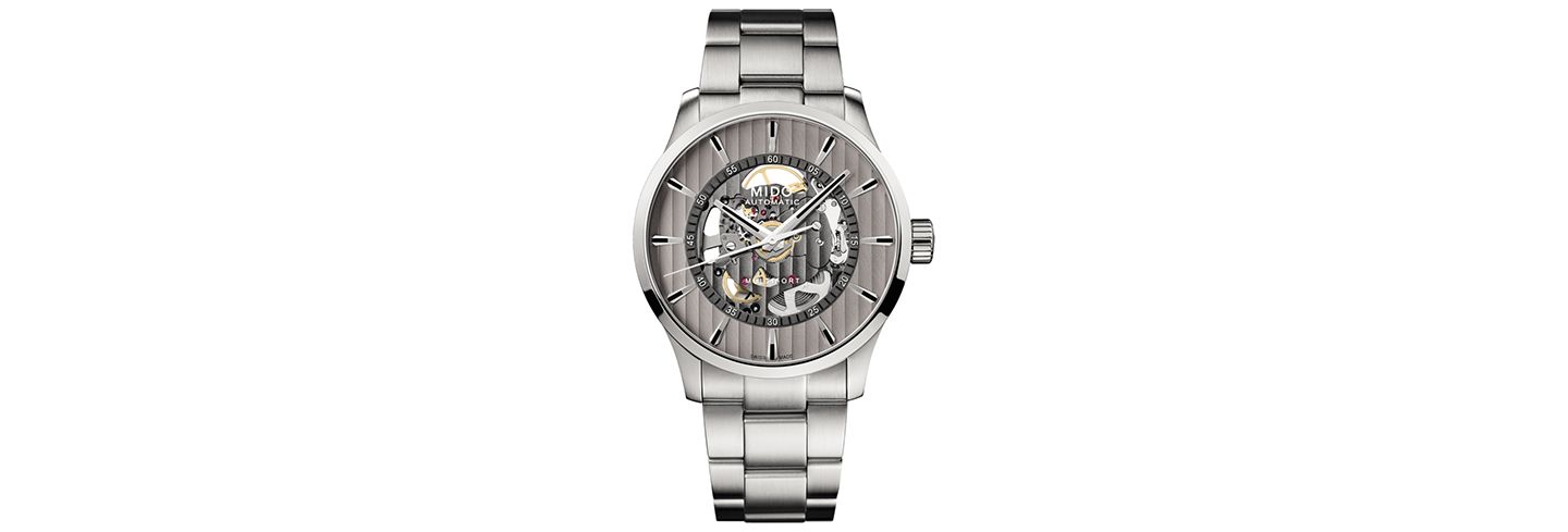 Мужские часы-скелетон Mido Swiss Automatic Multifort Vertigo на стальном браслете, 42 мм — фото 1