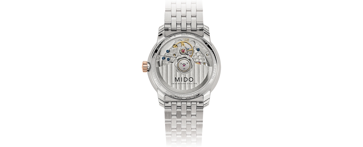 Shop Mido Women's Swiss Automatic Baroncelli Smiling Moon Two Tone Stainless Steel Bracelet Watch 33mm In White