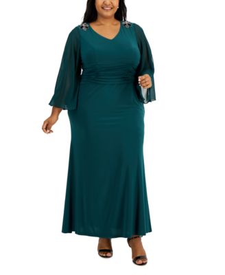 S.L. Fashions Women's Plus Size One Shoulder Long Gown - 3D Floral Detail, Ruched Waist, Side Slit