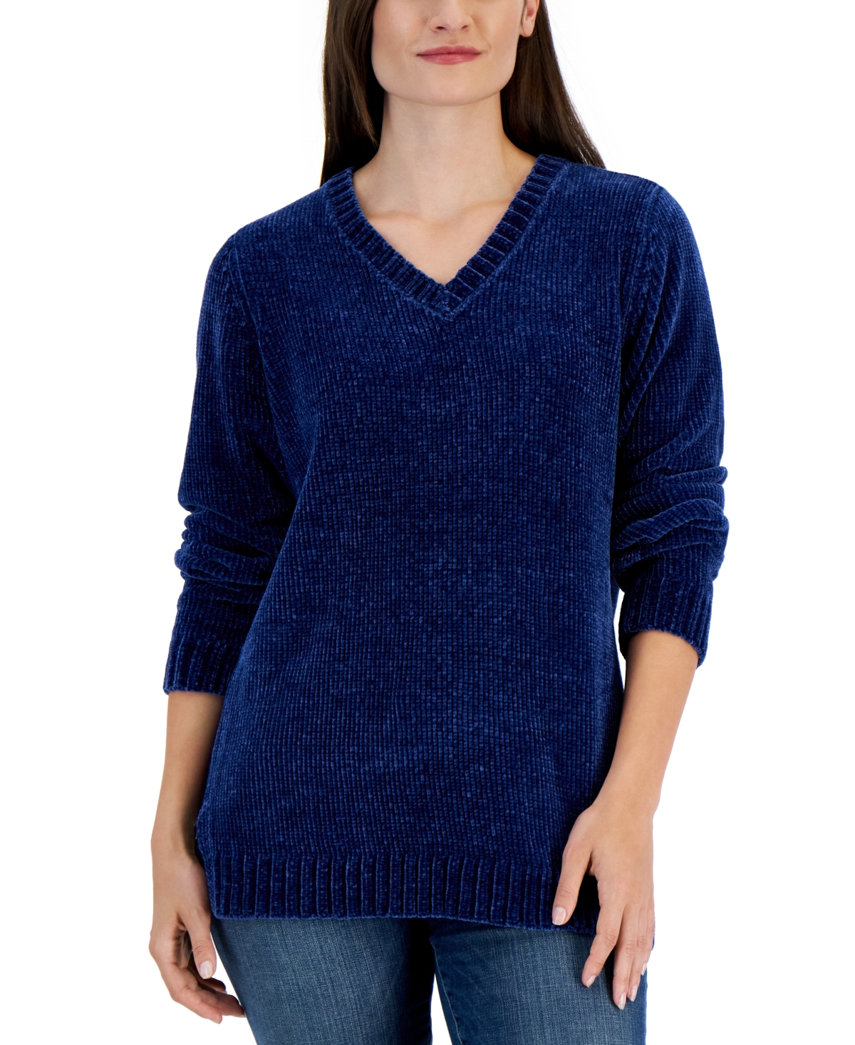 Women's V-Neck Chenille Sweater, Created for Macy's - Estate Blue