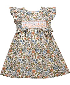 Baby Girls Sleeveless Pinafore Ruffle Printed Poplin Empire Dress With Ruffled and Peplum Shoulders
