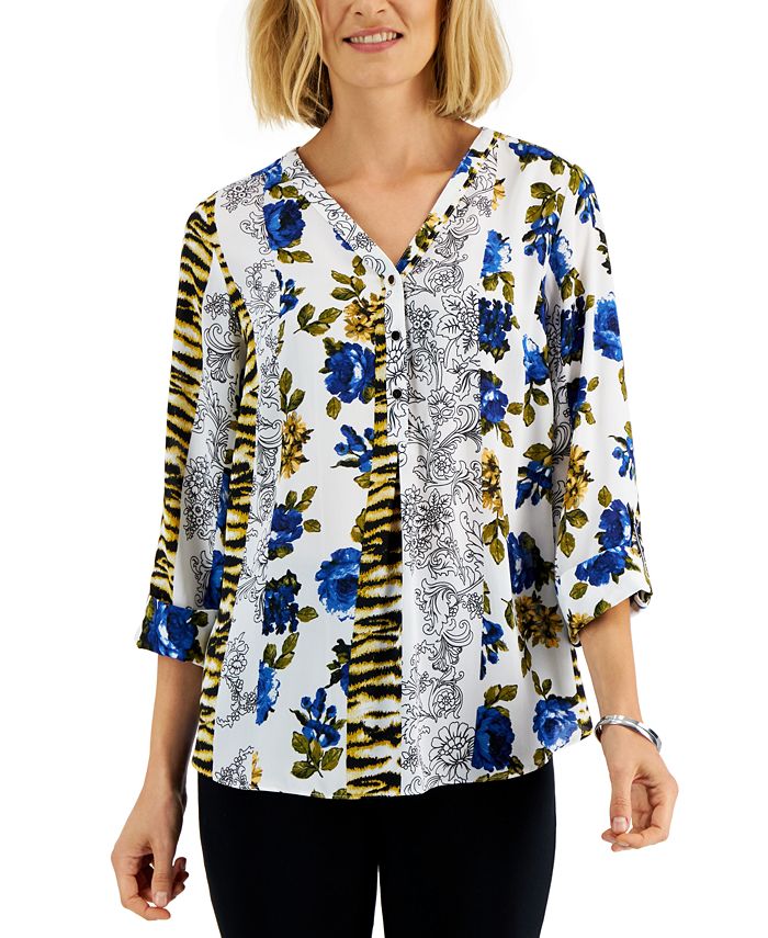 JM Collection Women's Printed RollTabSleeve Top, Created for Macy's