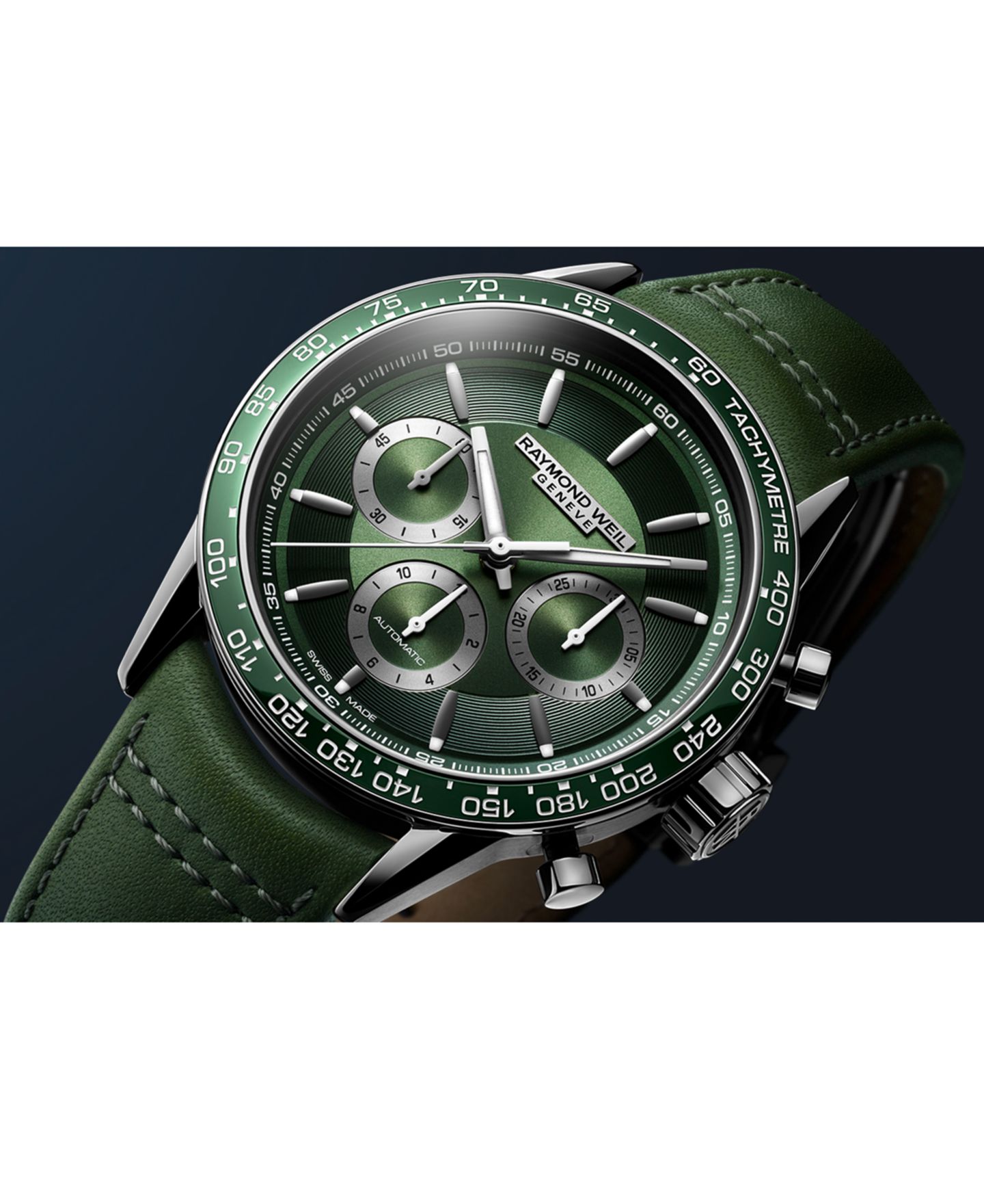Мужские часы Raymond Weil Swiss Automatic Chronograph Freelancer Green Leather Strap Watch 43.5mm — фото 6