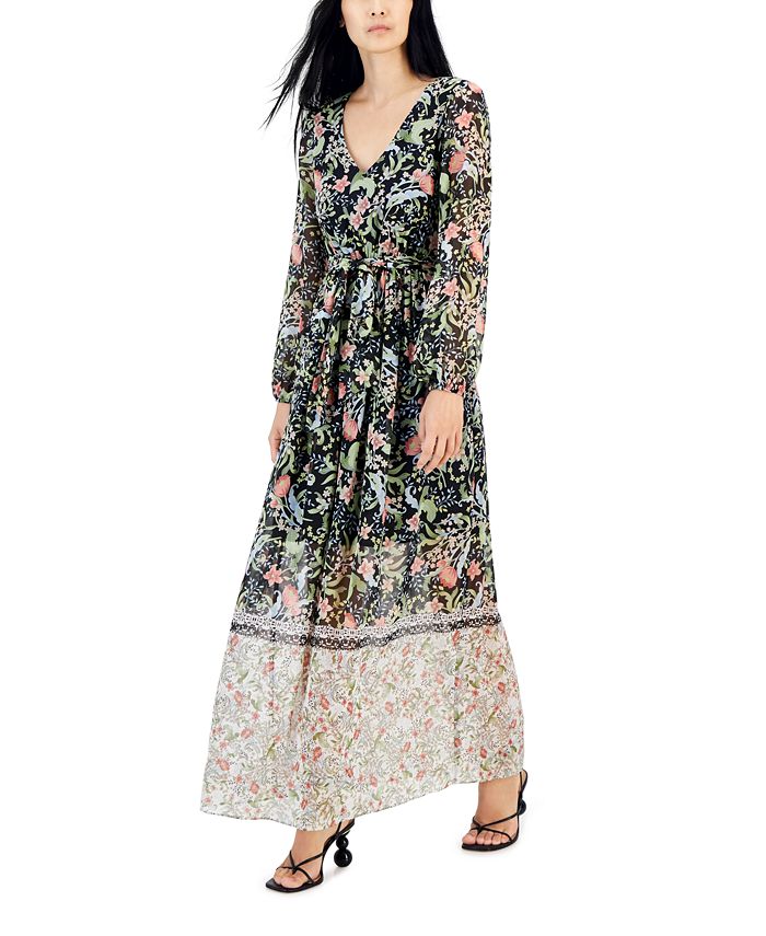 INC International Concepts Floral-Print Tie-Waist V-Neck Maxi Dress ...