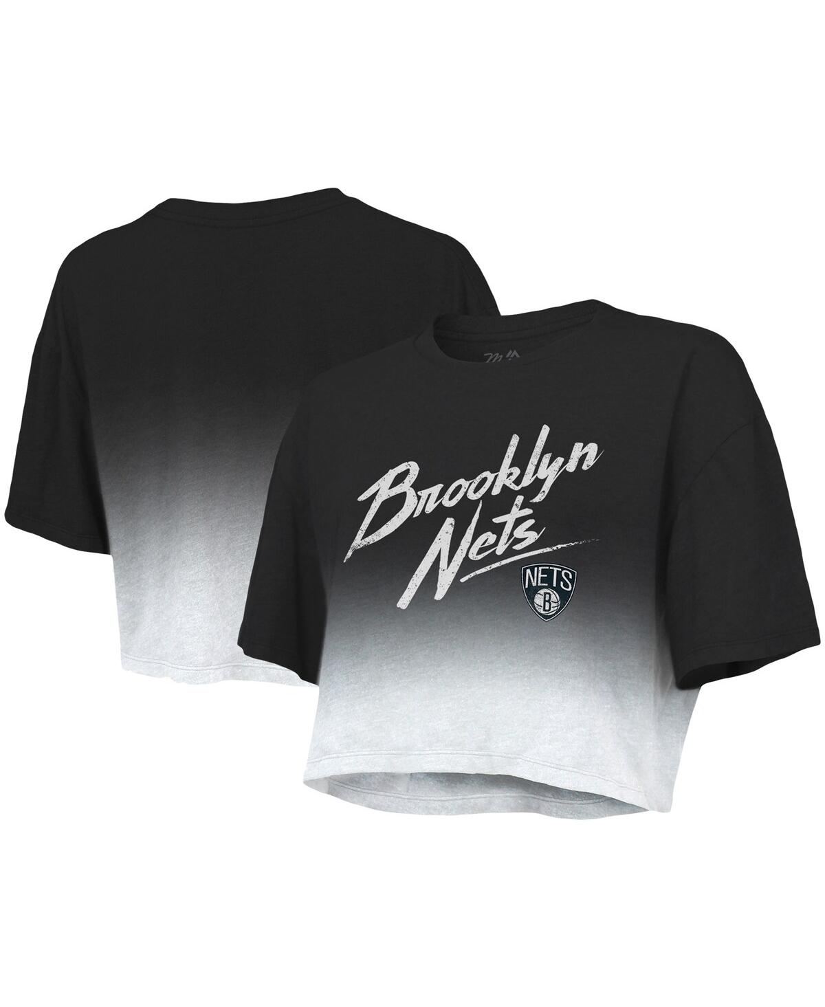 Shop Majestic Women's  Threads Black And White Brooklyn Nets Dirty Dribble Tri-blend Cropped T-shirt In Black,white