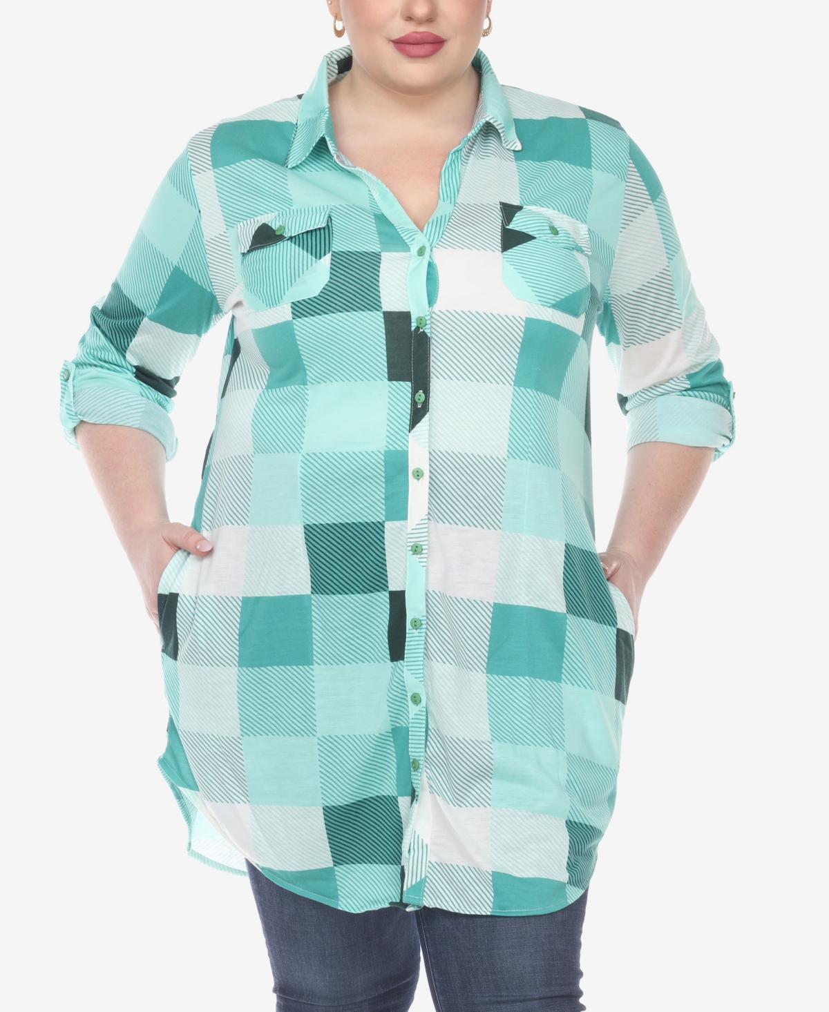 Plus Size Plaid Tunic Shirt - Blue and Brown