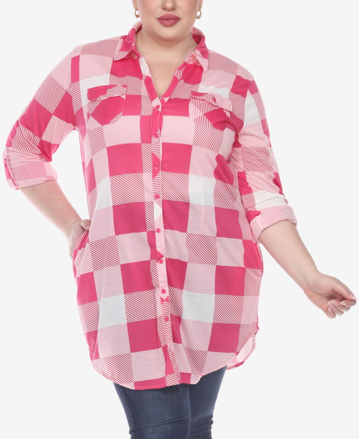 Plus Size Plaid Tunic Shirt - Blue and Brown