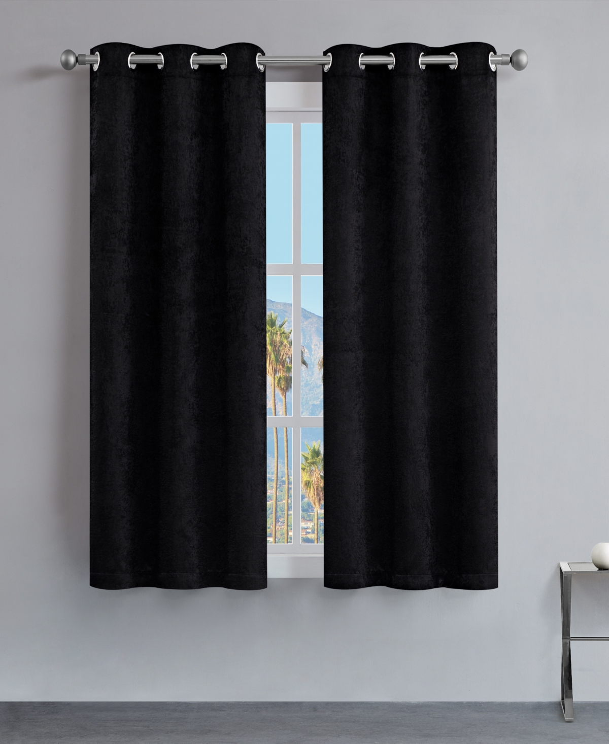 Faux Suede Solid Thermal Woven Room Darkening Grommet Window Curtain Panel Set, 38" x 63" - Black