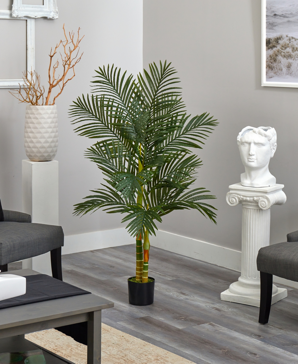 NEARLY NATURAL 5' DOUBLE STALK GOLD-TONE CANE ARTIFICIAL PALM TREE 