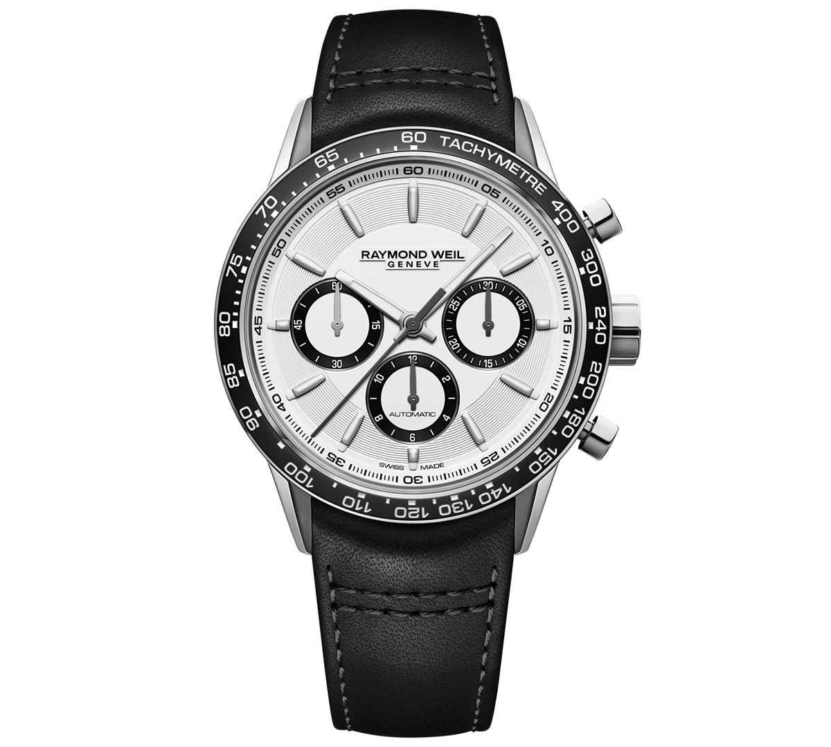 Raymond Weil Men's Swiss Automatic Chronograph Freelancer Black Leather Strap Watch 43.5mm In Black / White