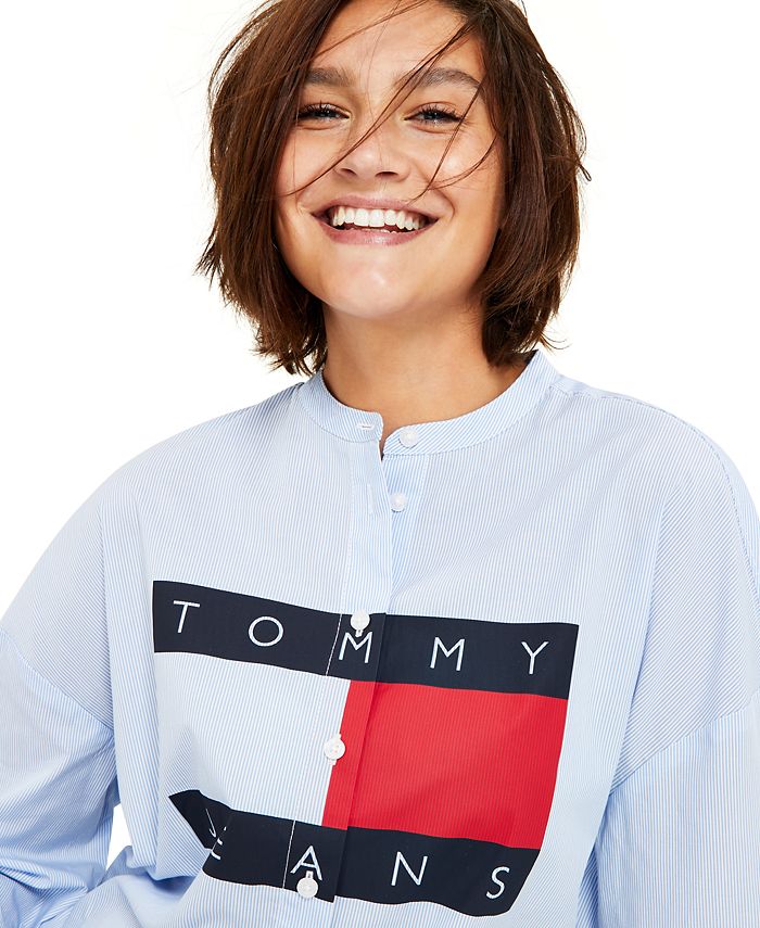Tommy Jeans Women's Short-Sleeved Bandana-Print Cotton Shirt - Macy's