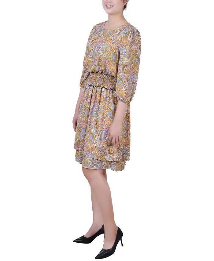 NY Collection Petite Size 34 Sleeve Dobby Smocked Waist Dress & Reviews ...