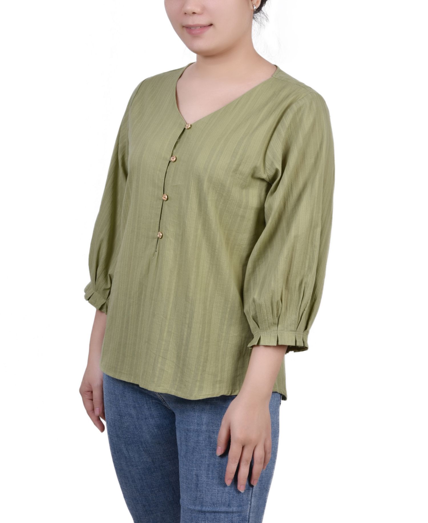 Petite Size 3/4 Sleeve Button Placket Jacquard Blouse