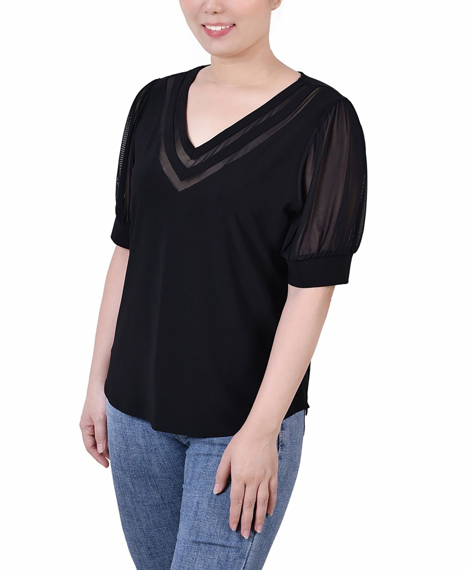Petite Size Short Puff Sleeve V-neck Top