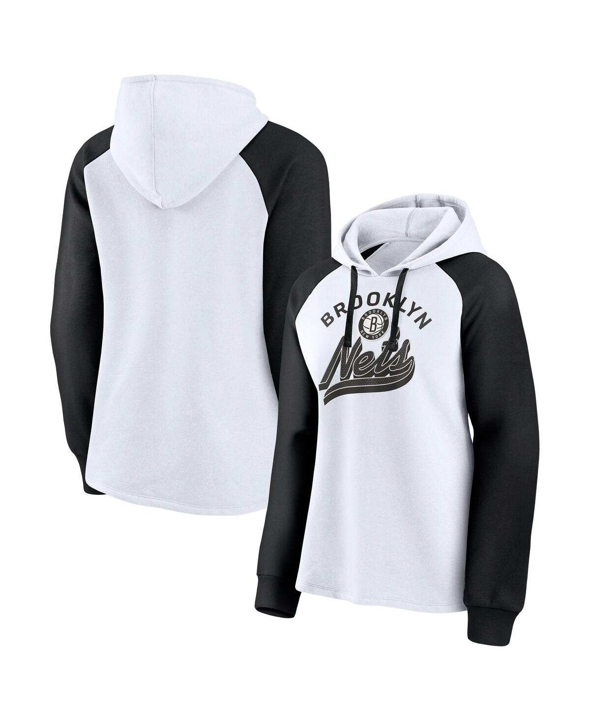 Fanatics Women's  Branded White And Black Brooklyn Nets Record Holder Raglan Pullover Hoodie In White,black